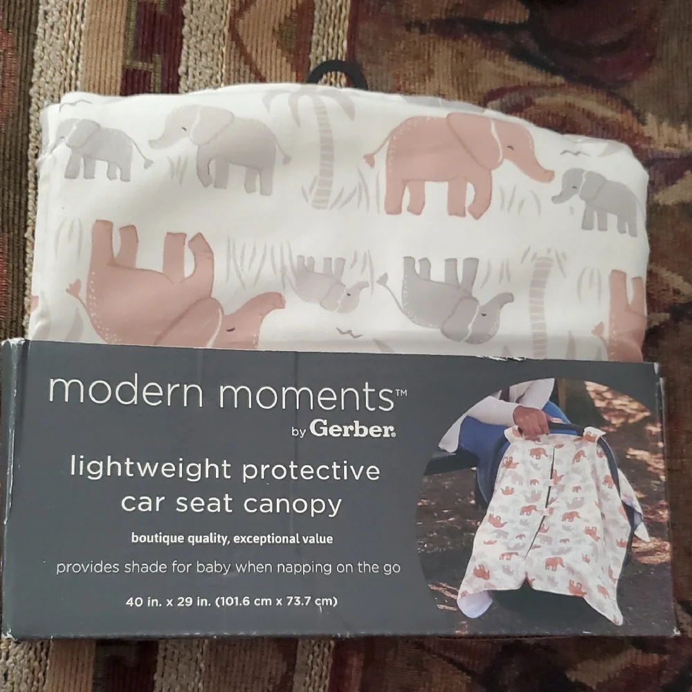 Gerber Infant Carseat canopy in gray and white Elephants